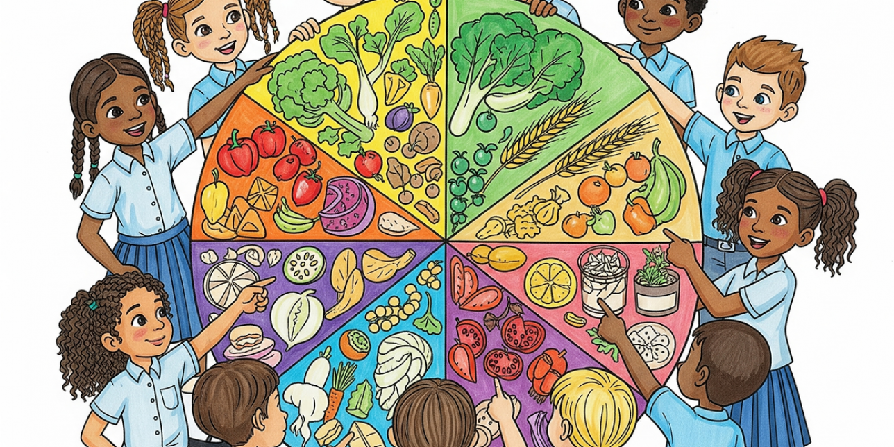 Niños alrededor de un plato saludable