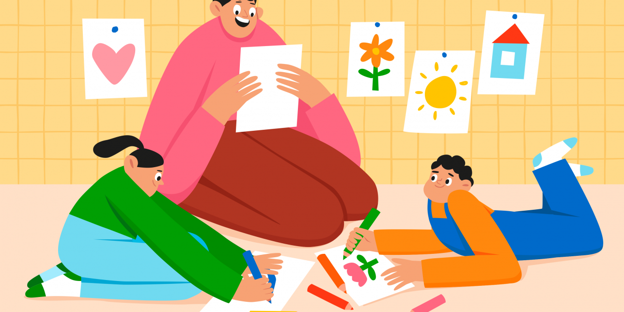 Ilustración de una madre leyendo a sus hijos que están dibujando