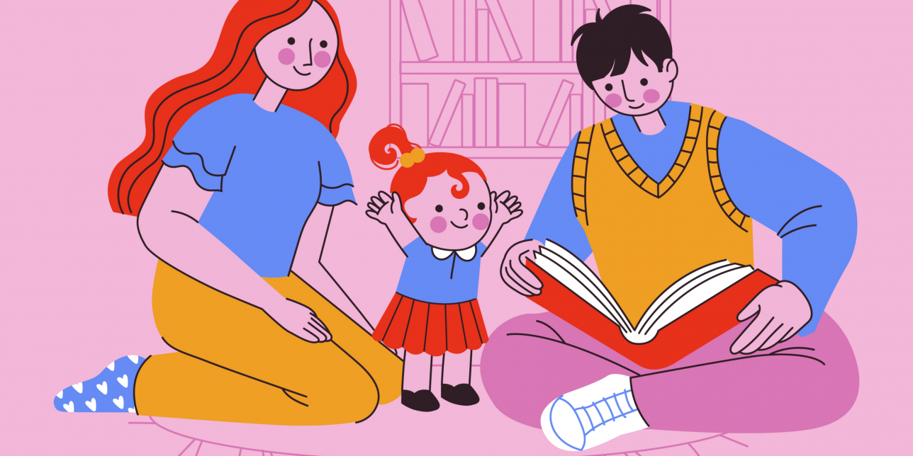 Ilustración de padres leyendo un cuento a una niña