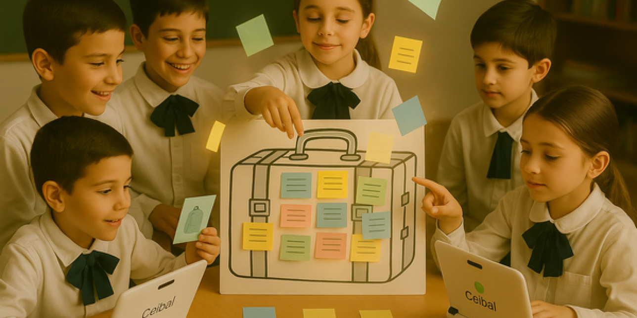Niños de primaria organizando ideas de colores en una valija simbólica, como parte de una propuesta para aprender a resumir.