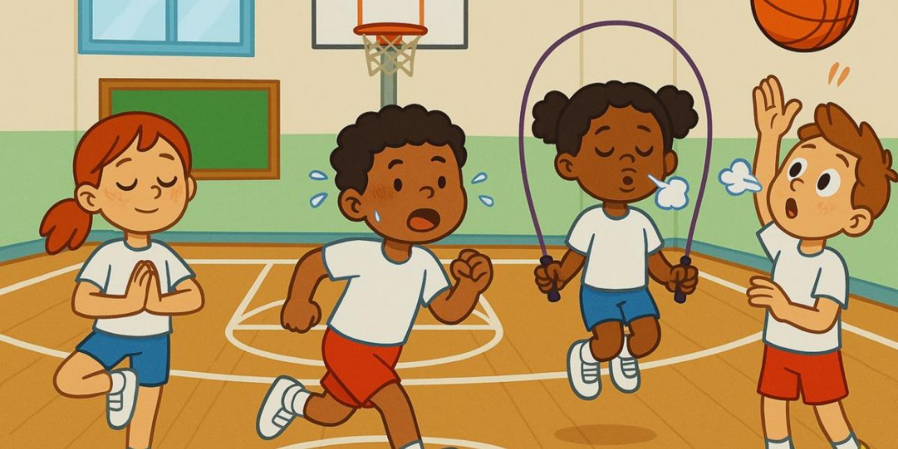 Niñas y niños realizando actividades de educación física