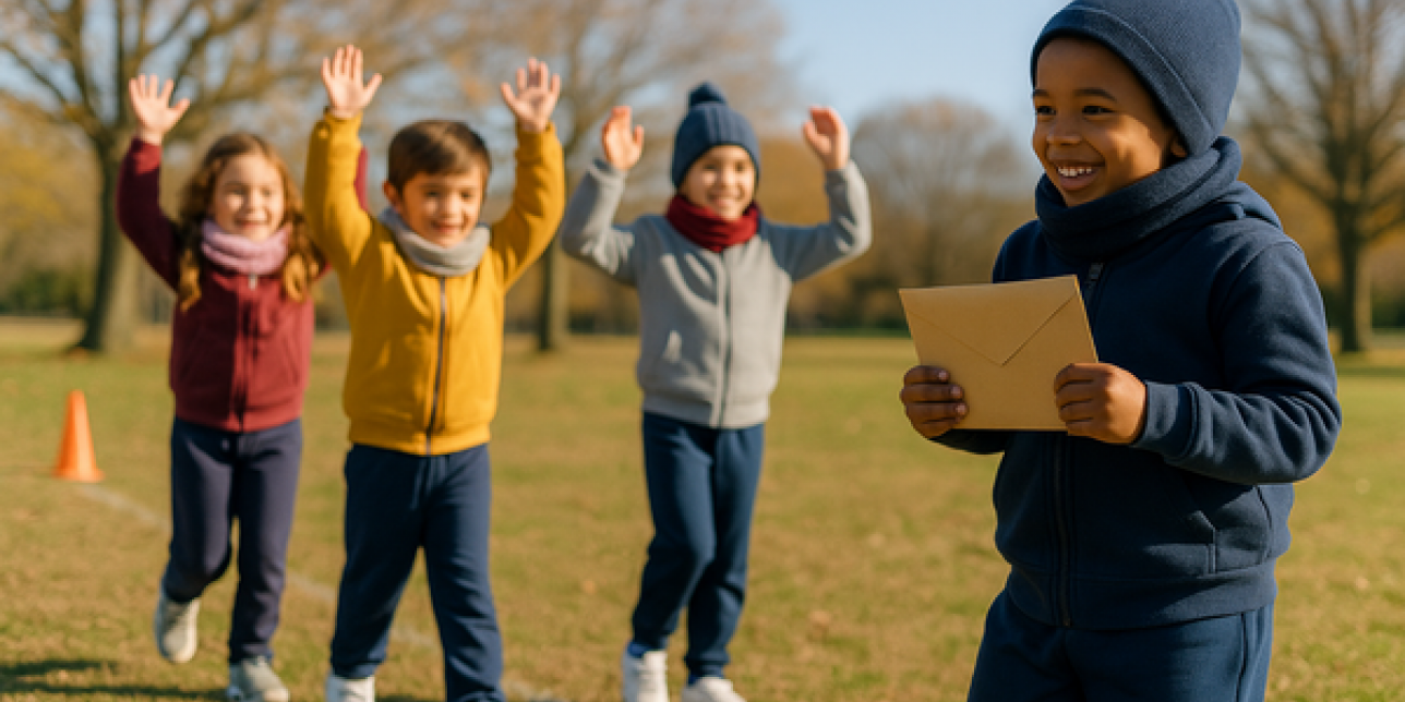 Niños de primaria en clase de Educación Física jugando al "cartero fonológico".