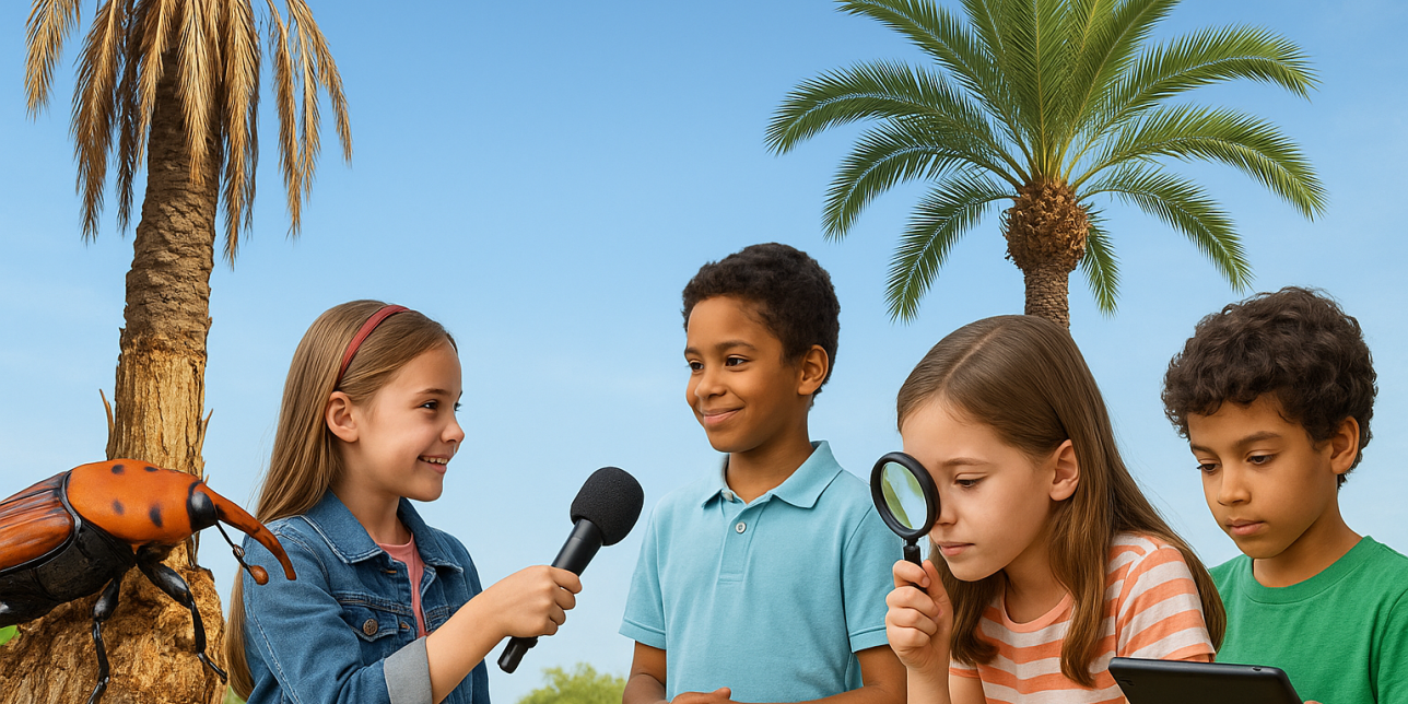 Niños entrevistándose, investigando con lupa y tablet sobre las palmeras y el picudo rojo.