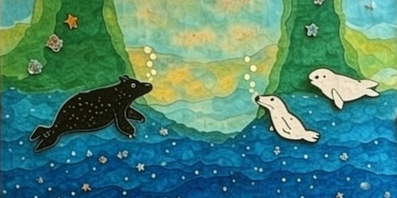 Ilustración de collage con un oso polar negro y una foca blanca