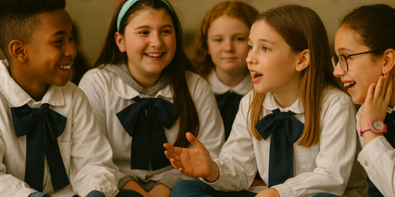 Cinco escolares uruguayos conversando con expresividad y atención compartida en un aula de segundo ciclo 
