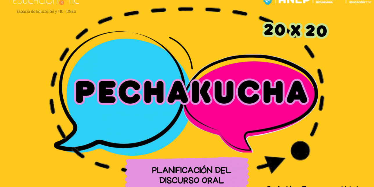 Afiche educativo colorido sobre planificación del discurso oral con formato PechaKucha. Incluye dos globos de diálogo, el texto '20 x 20', y el nombre de la docente Valeria Tarmezzano. Logos institucionales de ANEP y Educación + TIC.