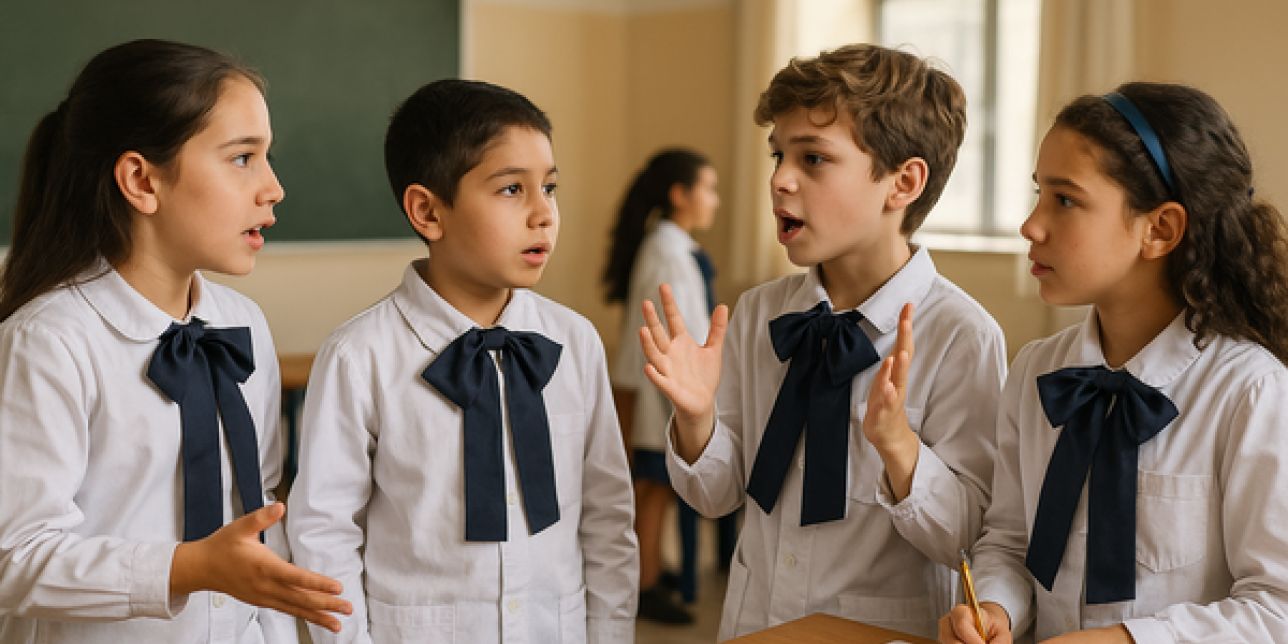 Debate entre compañeros de clase sobre un tema controvertido. 