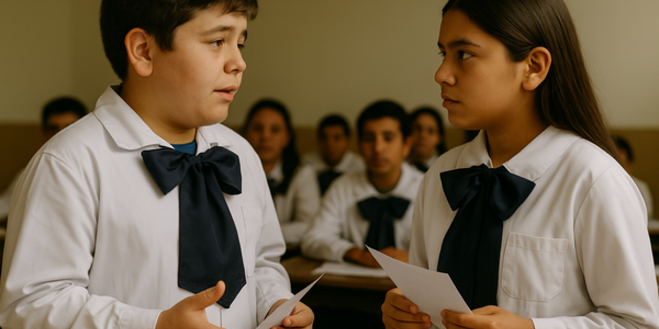 Debate entre compañeros de clase sobre un tema controvertido. 