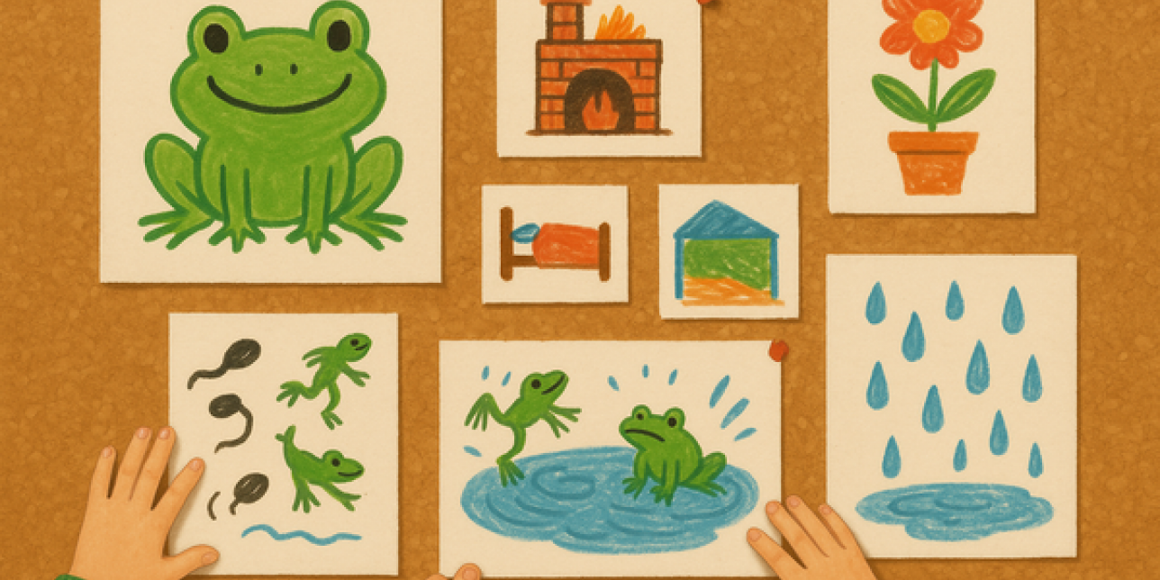Dibujos infantiles sobre cartelera de corcho vinculados al Poema El Sapito Glo Glo Glo y a la indagación científica del mundo de los sapos