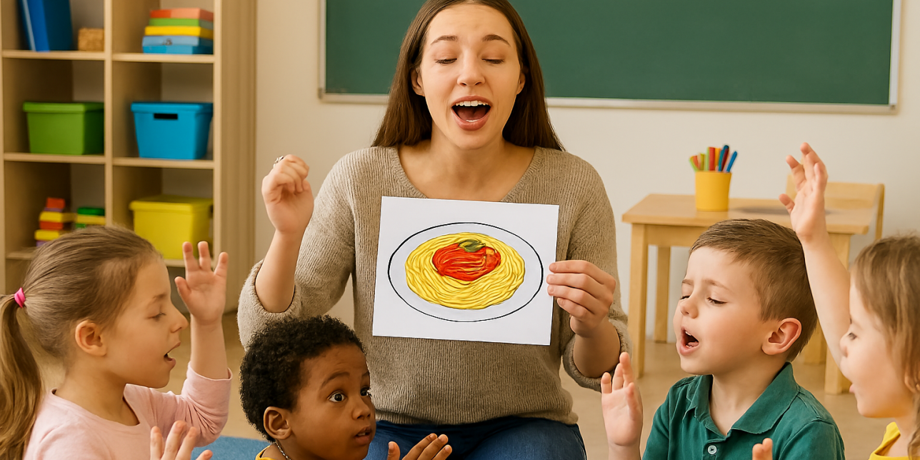 maestra muestra imagen de plato de fideos