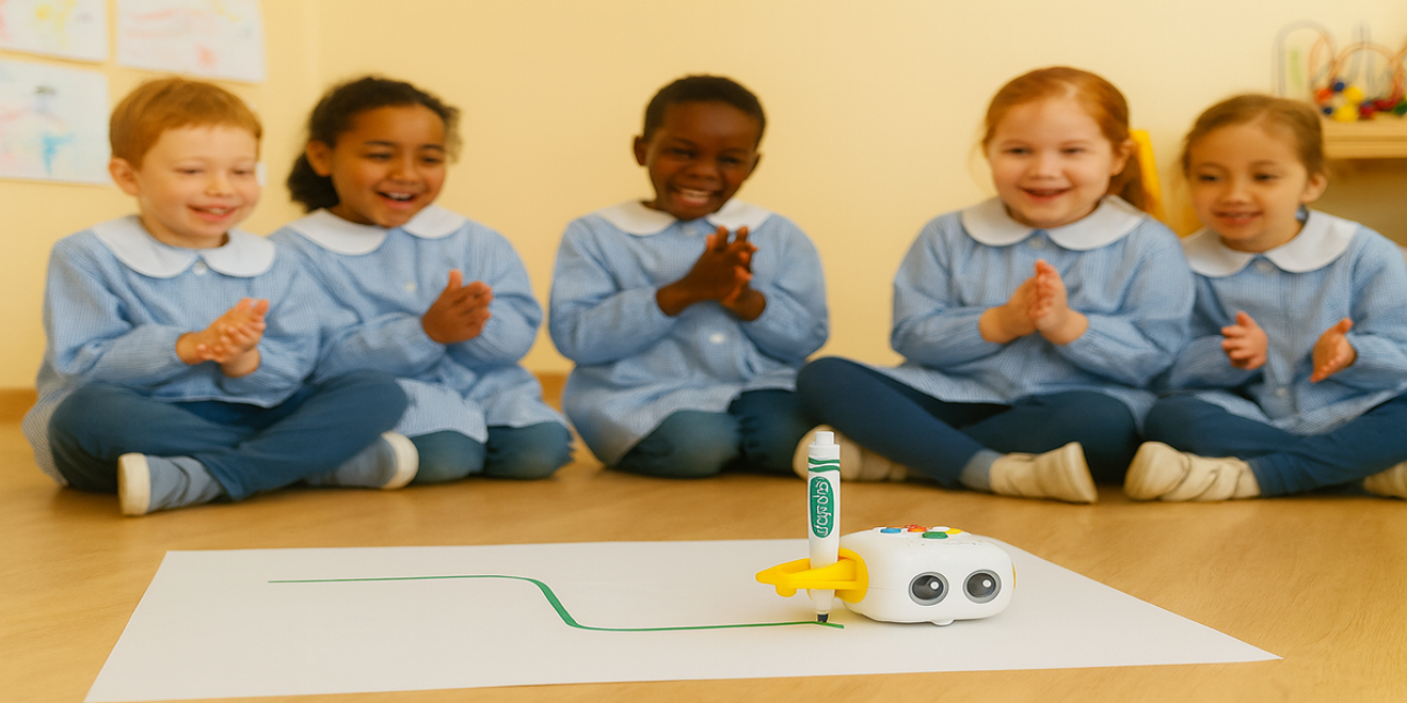 Imagen de niños jugando con el robot, el cual está dibujando