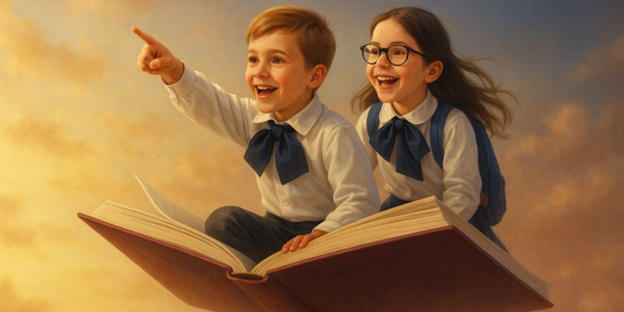 Niña y niño con túnica y moña volando sobre un libro 