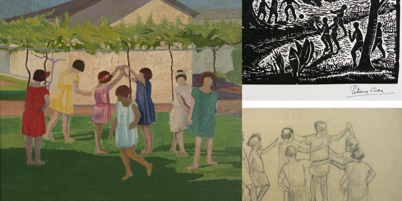 Imagen de tres obras pictóricas de Petrona Viera: Ronda, Recreo y Niños Jugando