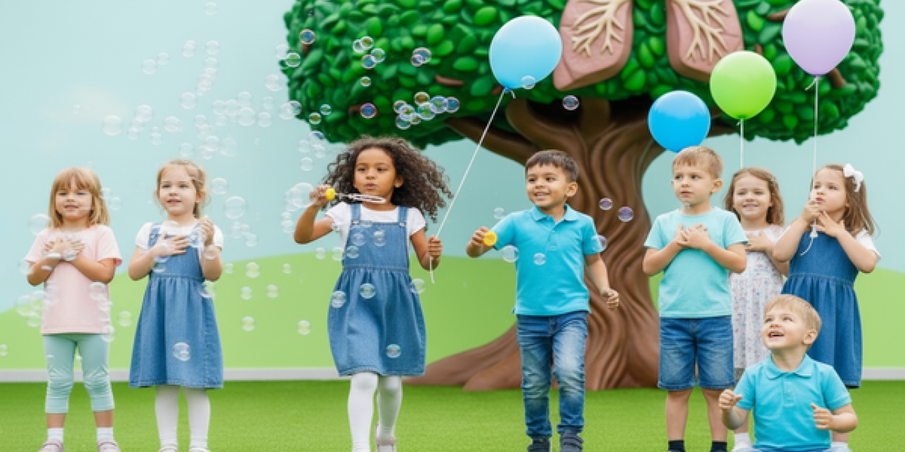 Niñas y niños soplando burbujas con globos, sintiendo su respiración con la mano en el pecho. Un árbol detrás con pulmones en sus ramas.