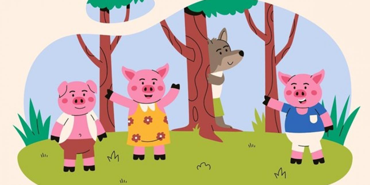 Los tres chanchitos saludando y el lobo los mira detrás de un árbol